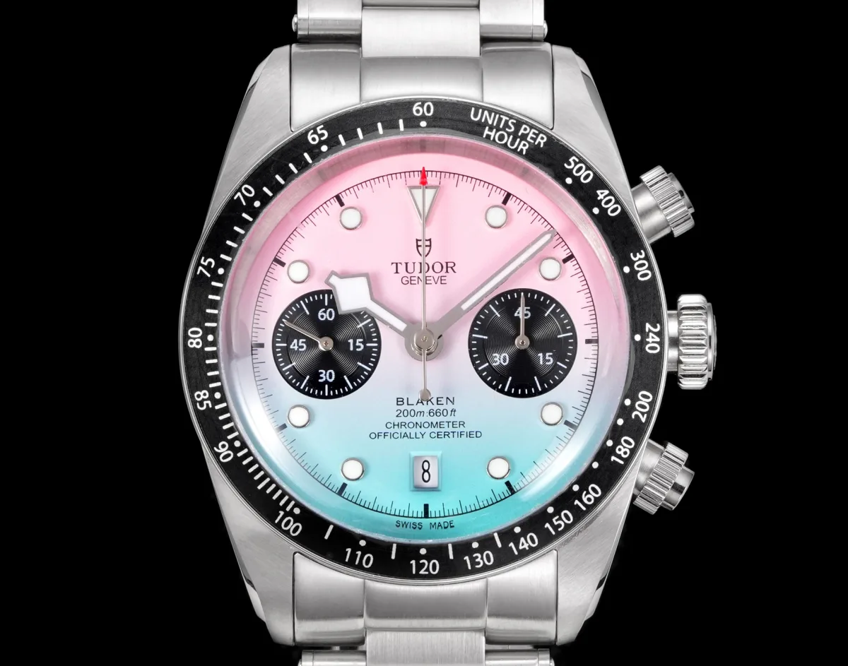 ZF Factory Tudor Black Bay Chrono Gradient Pink-to-Blue Dial Stainless Steel Chronograph Watch with Black Leather Strap