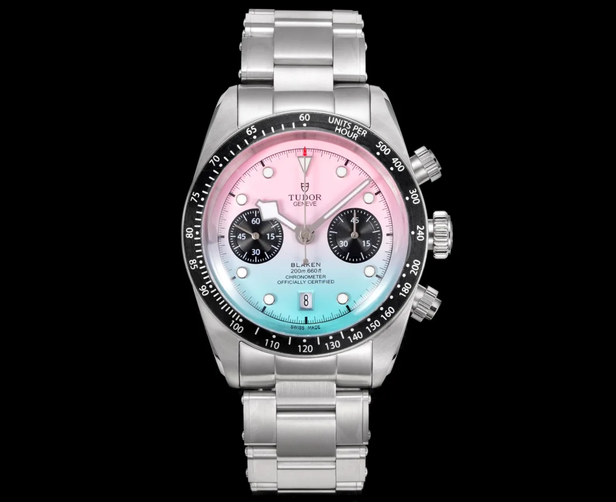 ZF Factory Tudor Black Bay Chrono Gradient Pink-to-Blue Dial Stainless Steel Chronograph Watch with Black Leather Strap