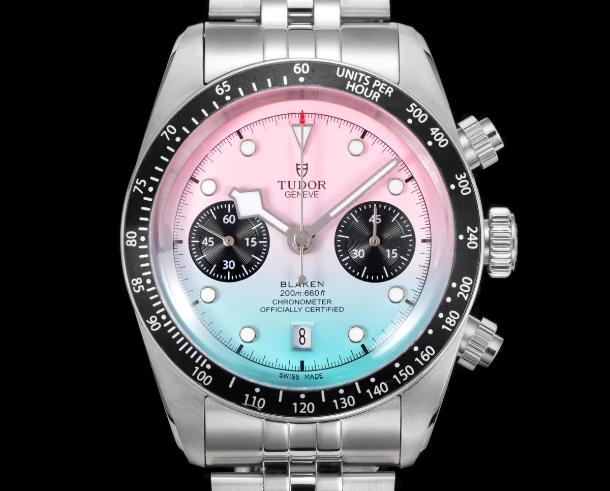 ZF Factory Tudor Black Bay Chrono Gradient Pink-to-Blue Dial Stainless Steel Chronograph Watch with Black Leather Strap