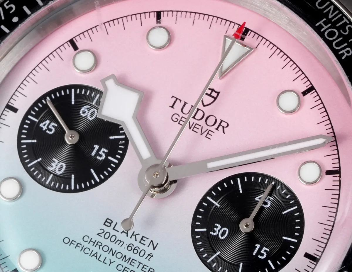 ZF Factory Tudor Black Bay Chrono Gradient Pink-to-Blue Dial Stainless Steel Chronograph Watch with Black Leather Strap