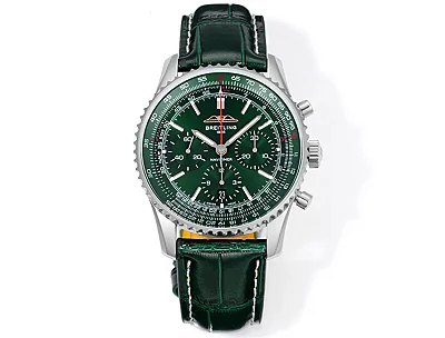 BLS Factory Breitling Navitimer Chronograph Green Dial Leather Strap Aviation Watch