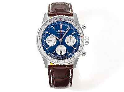 BLS Factory Breitling Navitimer B01 Chronograph 43mm Blue Dial Silver Case Brown Leather Strap Watch