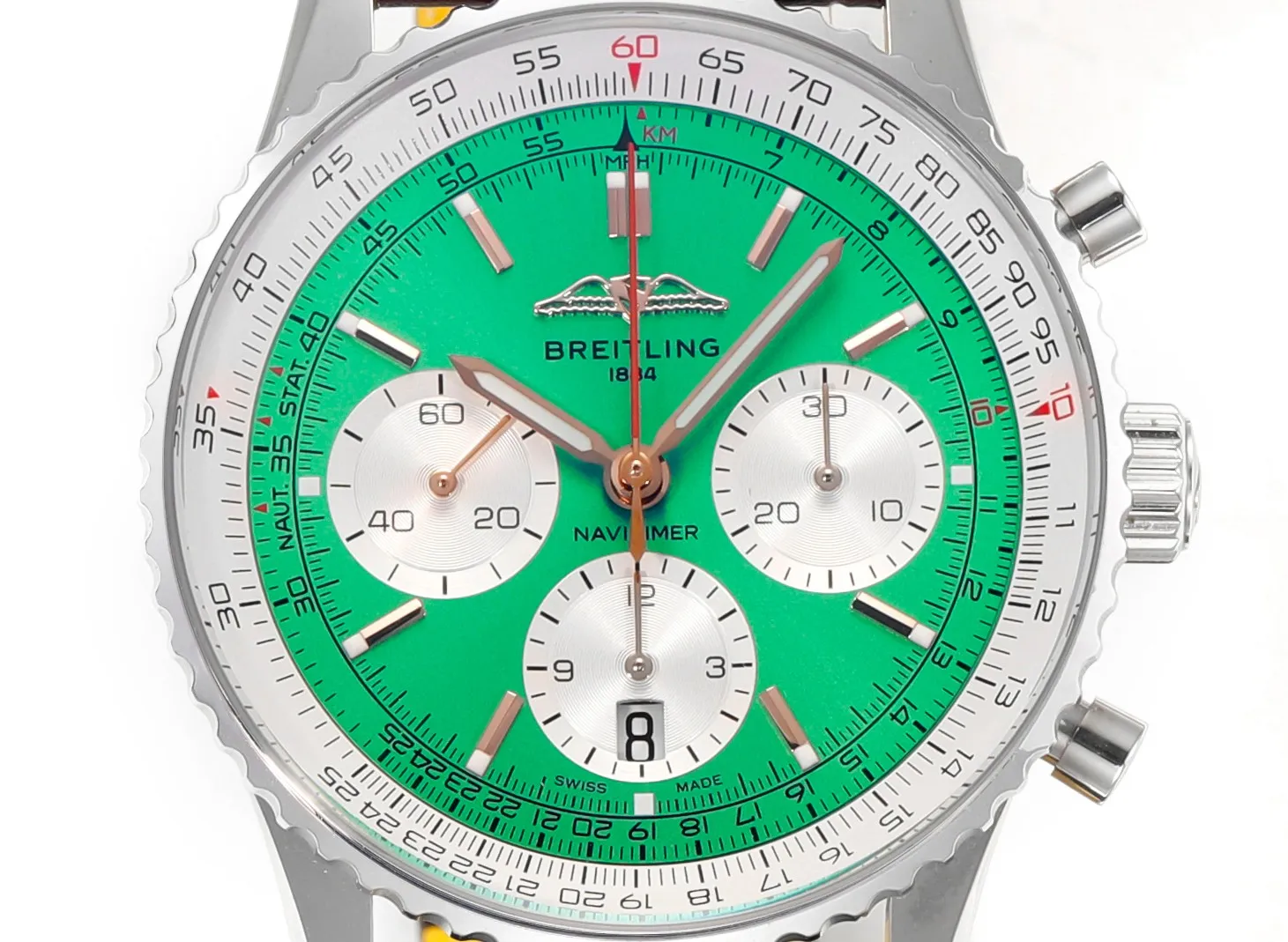 BLS Factory Breitling Navitimer Chronograph Green Dial Brown Leather Strap Stainless Steel Watch