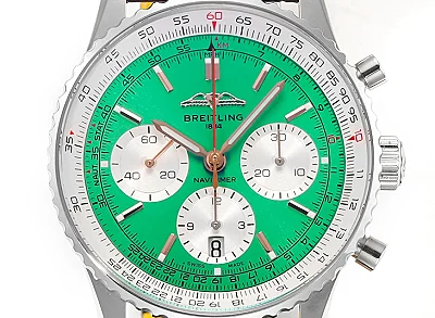 BLS Factory Breitling Navitimer Chronograph Green Dial Brown Leather Strap Stainless Steel Watch