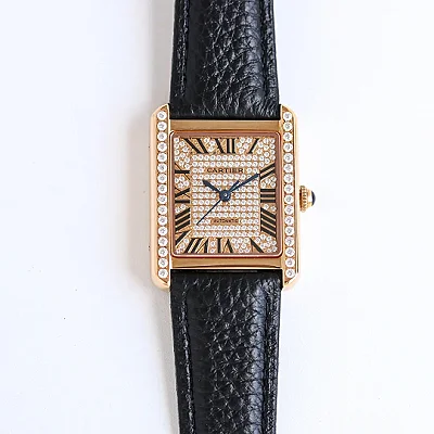 3K Factory Cartier Tank MK3 Automatic Watch Rose Gold Black Leather - Top Quality Replica Watch