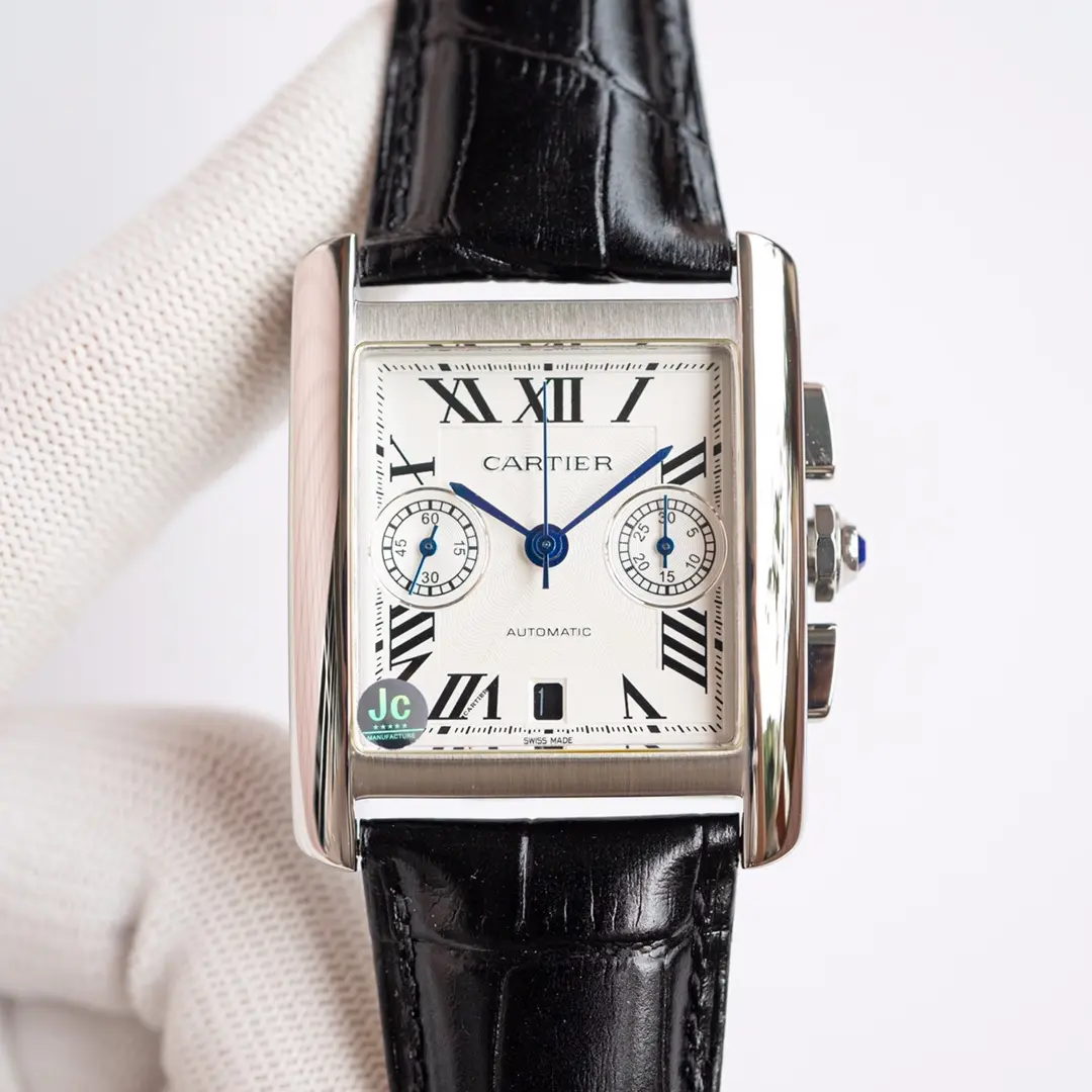 3K Factory Cartier Tank W5330007 Silver Black Leather Top Fake Watch