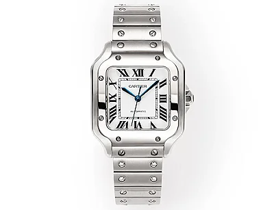 Cartier Santos de Cartier Automatic Stainless Steel Watch with White Dial and Blue Hands