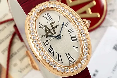 Cartier Baignoire Allong??e Diamond-Set Rose Gold Oval Watch with Burgundy Leather Strap and Roman Numeral Dial