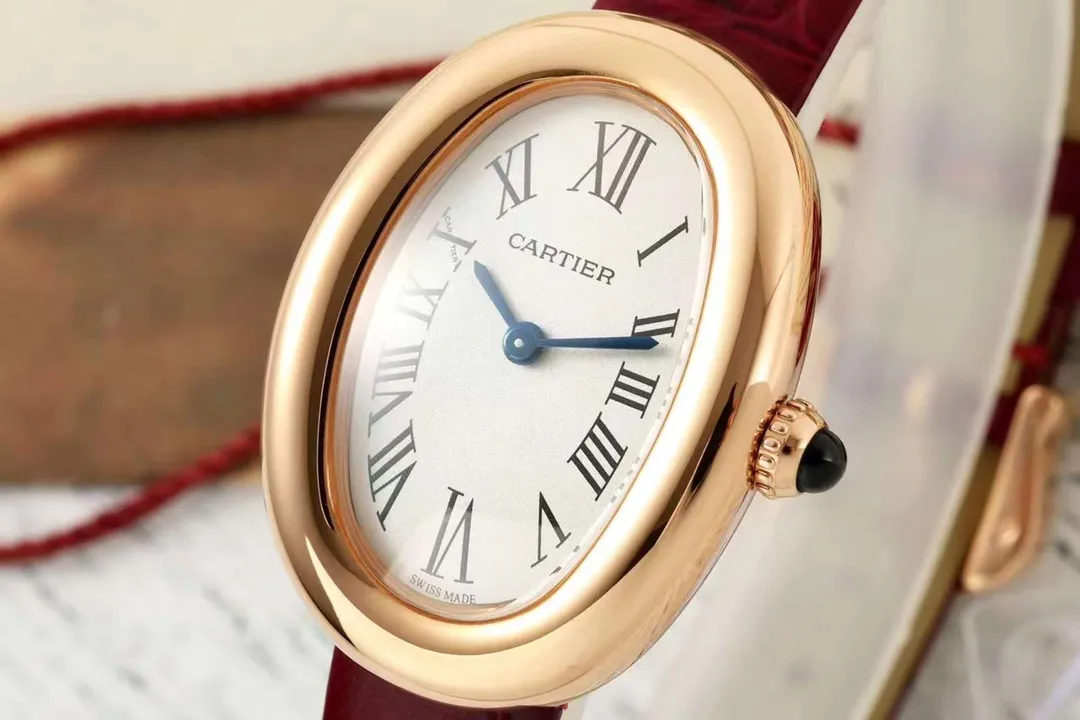 Cartier Baignoire Rose Gold Oval Dial Red Leather Strap Women's Quartz Watch