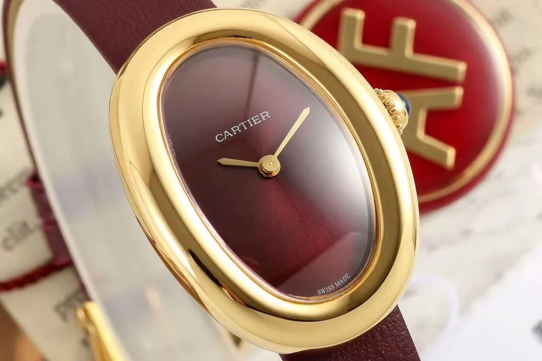 Cartier Baignoire Oval Gold-Tone Case Burgundy Dial Red Leather Strap Women's Luxury Watch