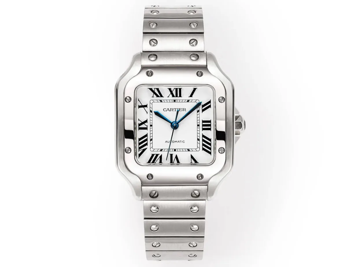 AF Factory Cartier Santos de Cartier Automatic Stainless Steel Watch with White Dial and Blue Hands