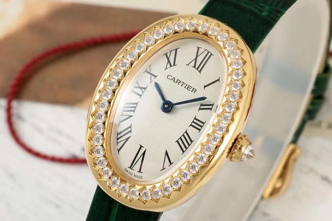 AF Factory Cartier Baignoire Oval Diamond-Set Yellow Gold Women's Watch with Green Leather Strap and White Dial