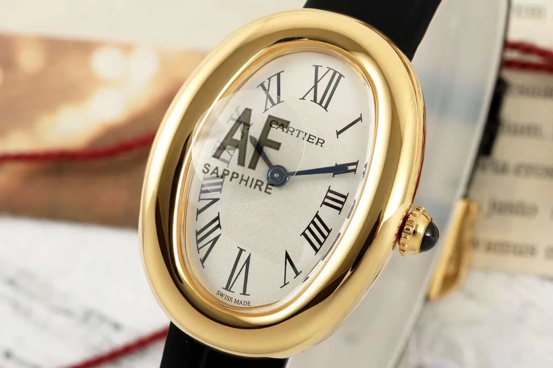 AF Factory Cartier Baignoire Yellow Gold Oval Women's Watch with White Dial, Roman Numerals, Black Leather Strap, and Sapphire Cabochon Crown