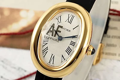 AF Factory Cartier Baignoire Yellow Gold Oval Women's Watch with White Dial, Roman Numerals, Black Leather Strap, and Sapphire Cabochon Crown