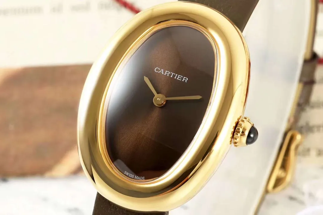 AF Factory Cartier Baignoire Oval Gold-Tone Case Brown Dial Leather Strap Women's Vintage Watch