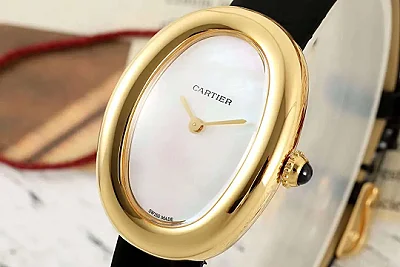 AF Factory Cartier Baignoire Oval Yellow Gold Case Mother-of-Pearl Dial Black Leather Strap Swiss Made Women's Luxury Watch