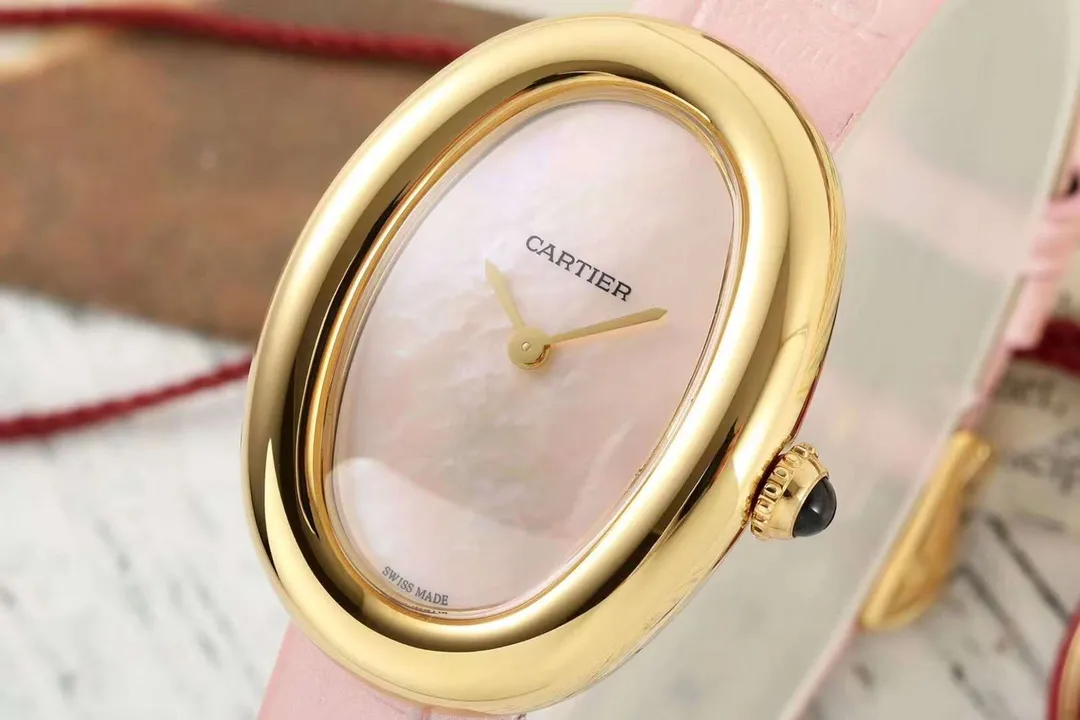 AF Factory Cartier Baignoire Oval Pink Mother-of-Pearl Dial Yellow Gold Case Pink Leather Strap Women's Luxury Watch