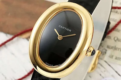 AF Factory Cartier Baignoire Oval Black Dial Gold-Tone Case Black Leather Strap Women's Watch