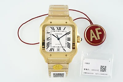 AF Factory Cartier Santos de Cartier Large Automatic Yellow Gold Watch with White Roman Numeral Dial and Steel Bracelet