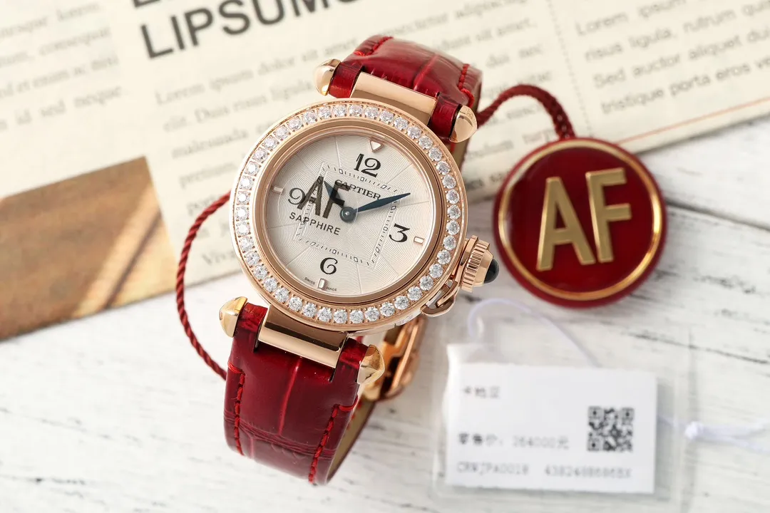 Cartier Ballon Bleu de Cartier Women's Rose Gold Watch with Diamond Bezel and Red Leather Strap