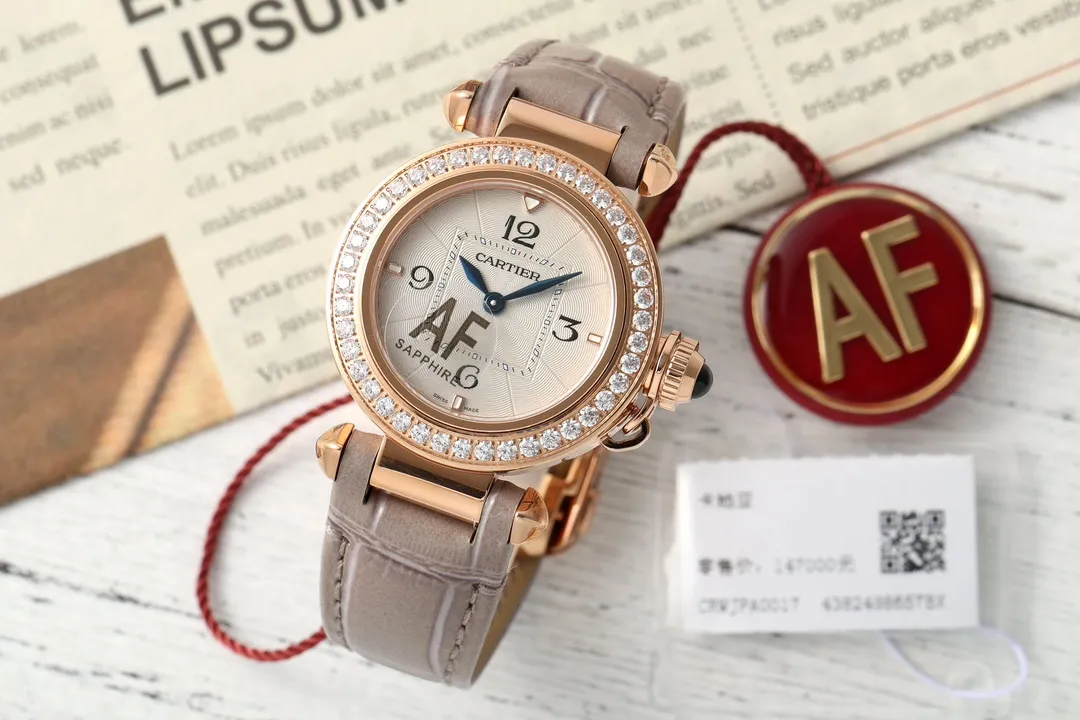 Cartier Ballon Bleu de Cartier Rose Gold Diamond-Bezel Watch with Grey Leather Strap and Blue Sword Hands