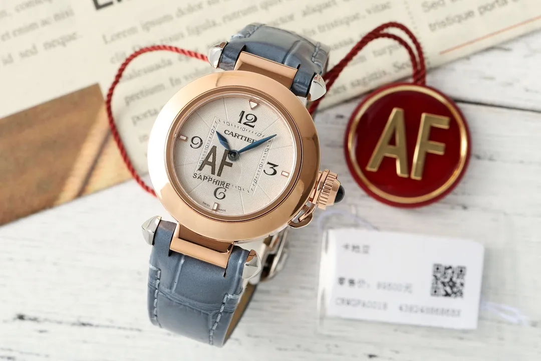 Cartier Santos AF Rose Gold Round Case Blue Leather Strap Women's Quartz Watch