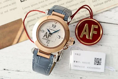 Cartier Santos AF Rose Gold Round Case Blue Leather Strap Women's Quartz Watch