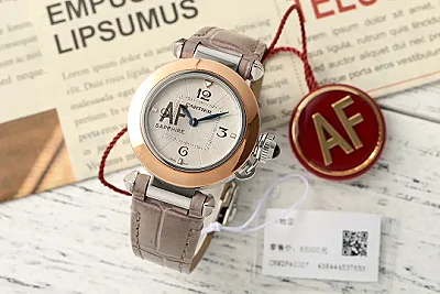 Cartier Pasha de Cartier Women's Watch in Rose Gold Tone with White Dial, Blue Hands, and Taupe Alligator Leather Strap