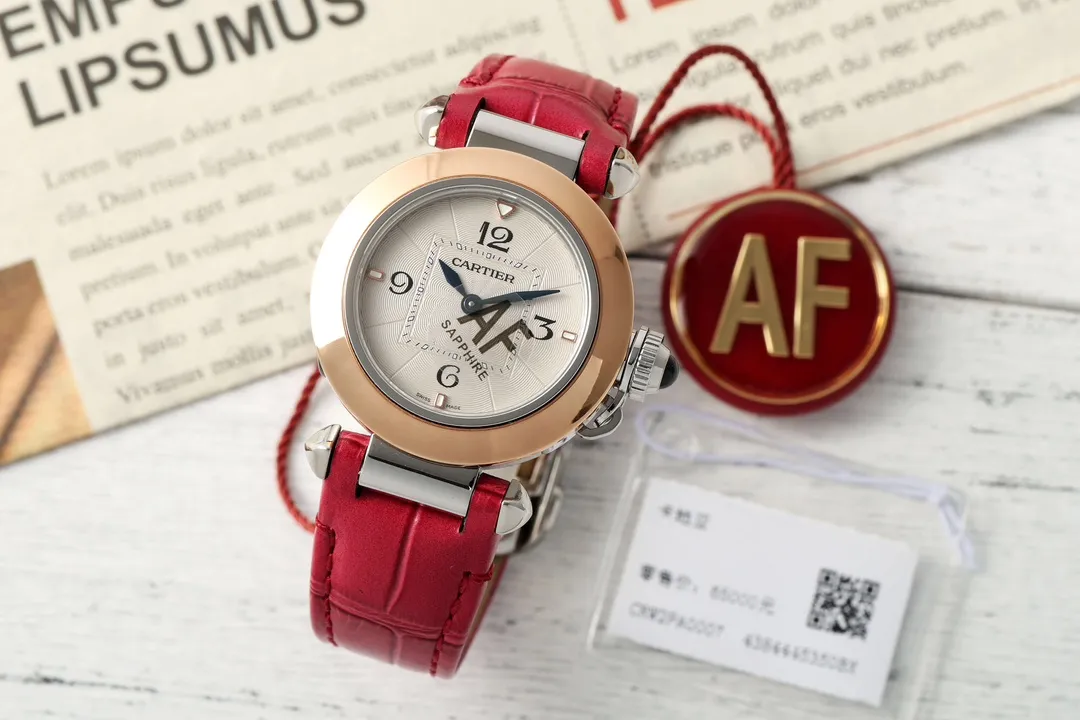 AF Factory Cartier Ballon Bleu de Cartier Women's Watch - Rose Gold &amp; Steel Case, White Dial, Red Leather Strap, Luxury Automatic Timepiece