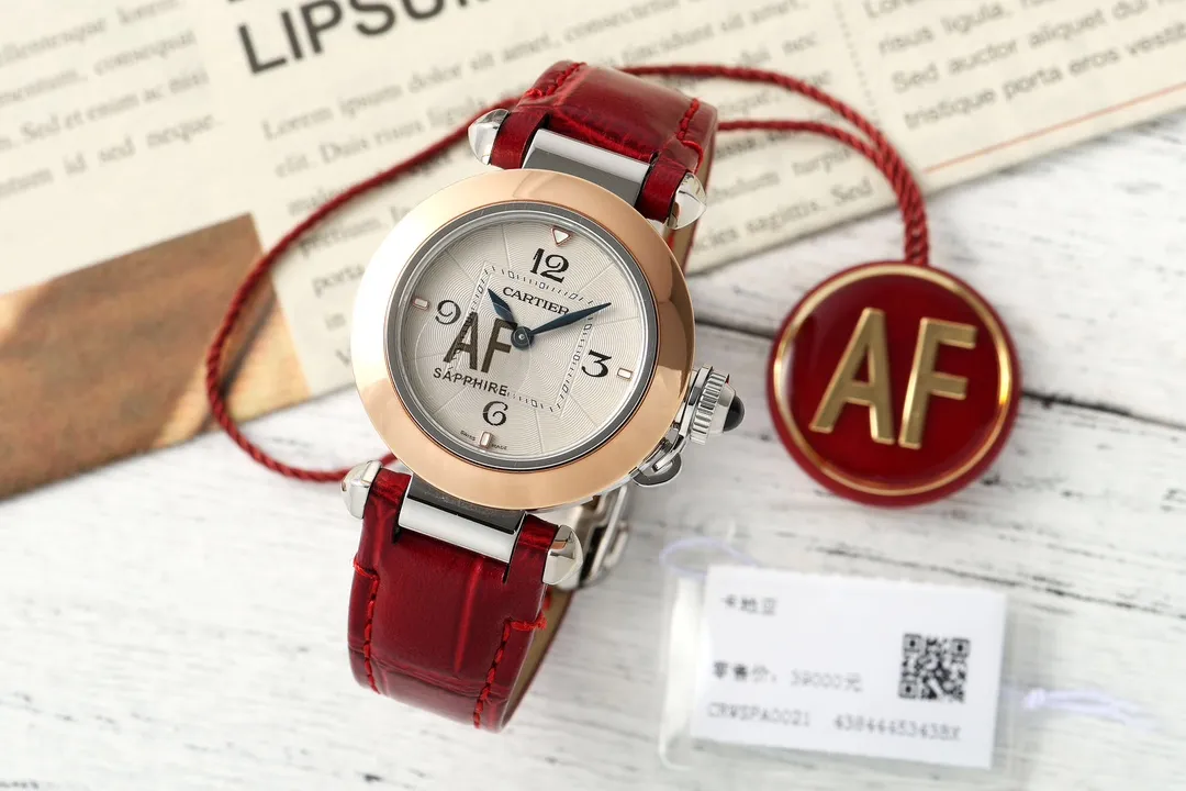 AF Factory Cartier Pasha de Cartier Rose Gold Automatic Watch with Red Leather Strap and White Dial