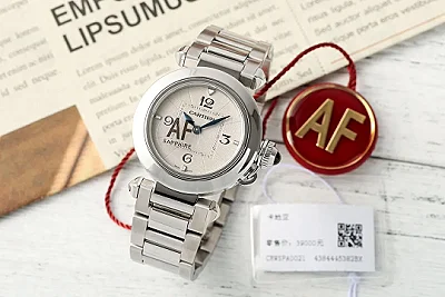 AF Factory Cartier Pasha de Cartier Stainless Steel Automatic Watch with White Dial, Blue Hands, and Sapphire Crystal - Silver Tone Bracelet