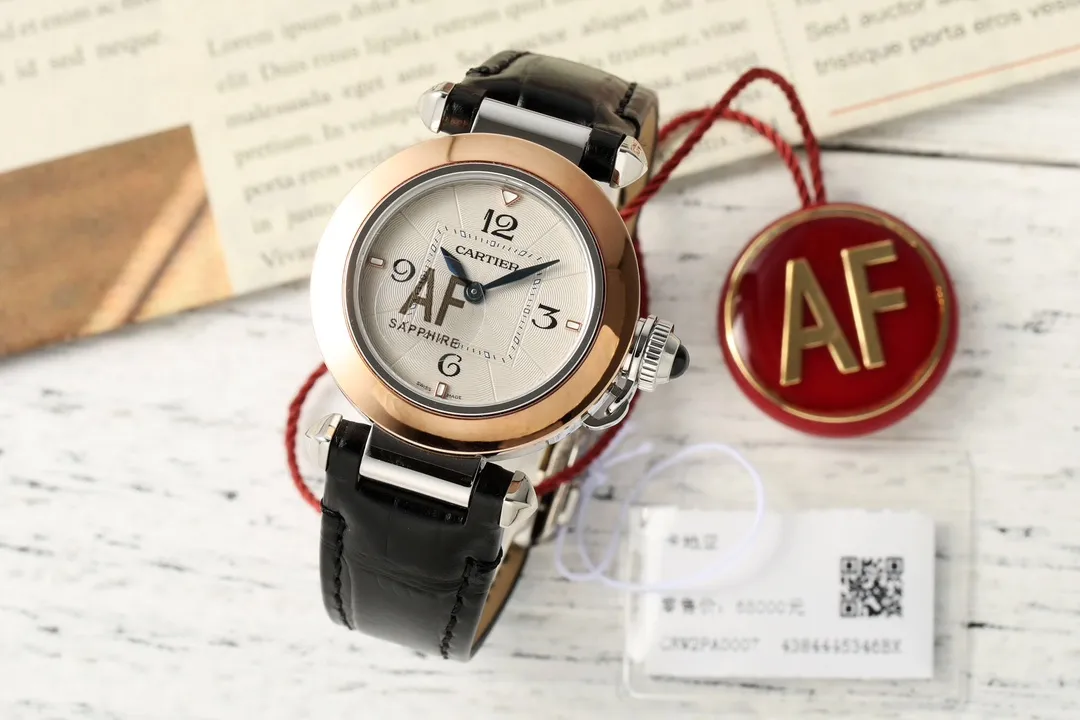 AF Factory Cartier Ballon Bleu White Dial Rose Gold and Steel Automatic Ladies Watch with Black Leather Strap