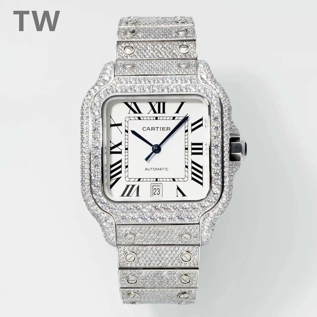 3K Factory Cartier Santos Full Diamond Silver Watch - Best Replica Watches