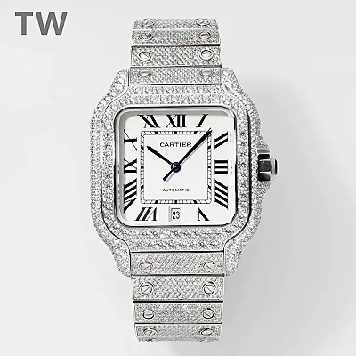 3K Factory Cartier Santos Full Diamond Silver Watch - Best Replica Watches