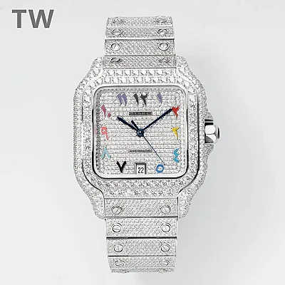 3K Factory Cartier Santos Full Diamond Bezel Silver Watch - Top Replica Watch