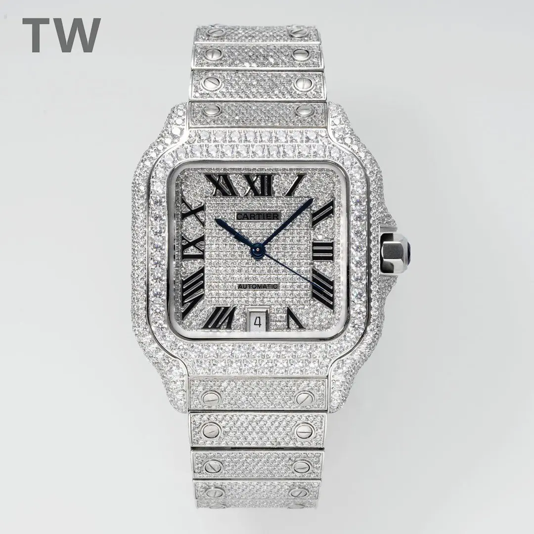 3K Factory Cartier Santos Full Diamond Silver Watch - Top Fake Cartier Watch