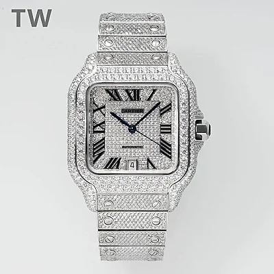 3K Factory Cartier Santos Full Diamond Silver Watch - Top Fake Cartier Watch
