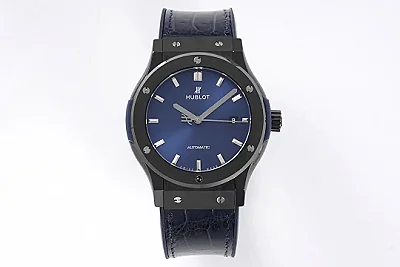 HB Factory Hublot Classic Fusion Ceramic Watch - Black Ceramic Case, Blue Dial, Crocodile Leather Strap, Super Clone by GSF