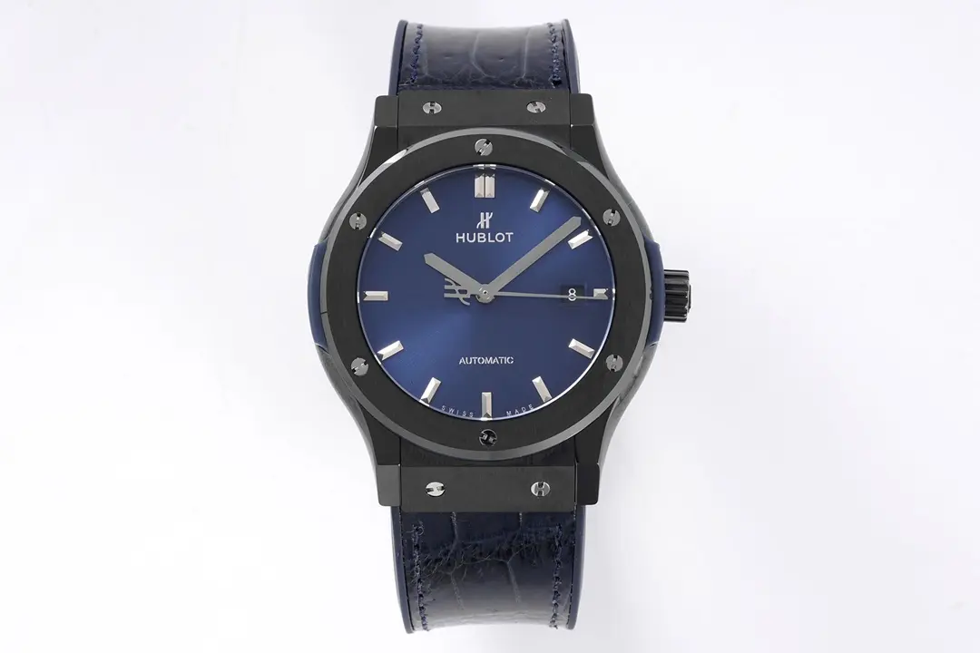 V6 Factory Hublot Classic Fusion Ceramic Watch - Black Ceramic Case, Blue Dial, Crocodile Leather Strap, Super Clone by GSF