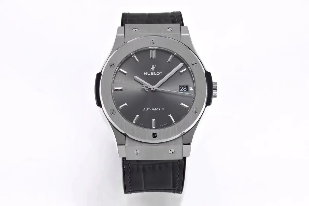 GS Factory Hublot Classic Fusion Titanium Watch - Grey Dial, 45MM, Polished Brushed Case, Black Strap, Best Replica Watch