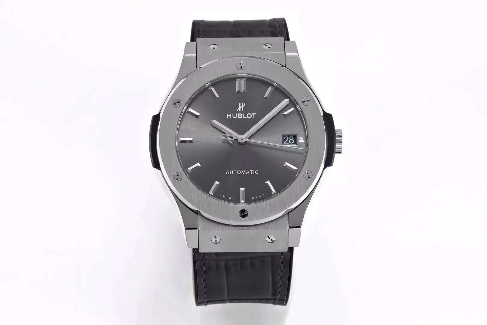 V6 Factory Hublot Classic Fusion Titanium Watch - Grey Dial, 45MM, Polished Brushed Case, Black Strap, Best Replica Watch