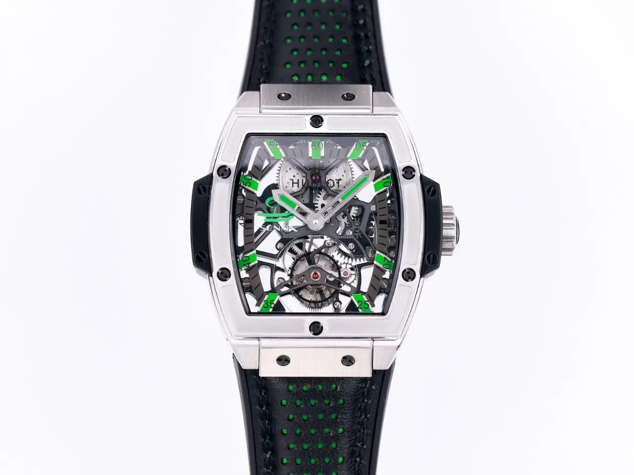 HB Factory Hublot Masterpiece 906 Tourbillon Watch - Silver with Green Accents, Manual Wind Movement, Leather Strap, Super Clone Design