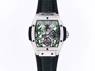 HB Factory Hublot Masterpiece 906 Tourbillon Watch - Silver with Green Accents, Manual Wind Movement, Leather Strap, Super Clone Design