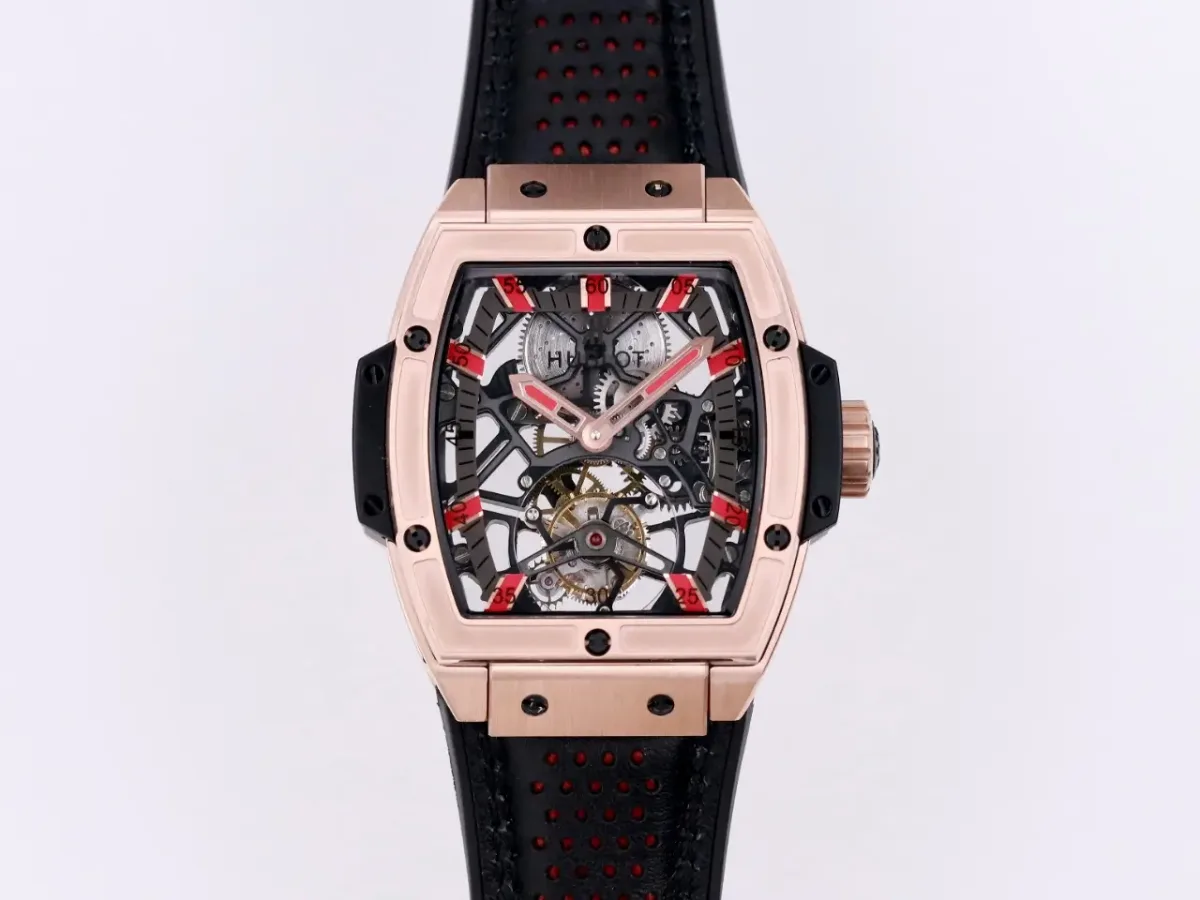 GS Factory Hublot Masterpiece 906 Rose Gold/Platinum Plated Tourbillon Watch with Black Leather Strap - Super Clone Excellence
