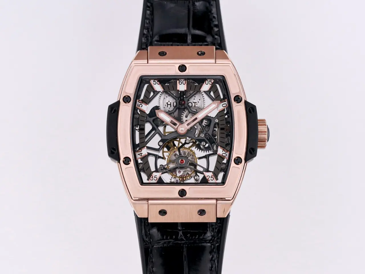 GS Factory Hublot Masterpiece 906 Rose Gold/Platinum Plated Skeleton Tourbillon Watch with Black Leather Strap - Super Clone Excellence