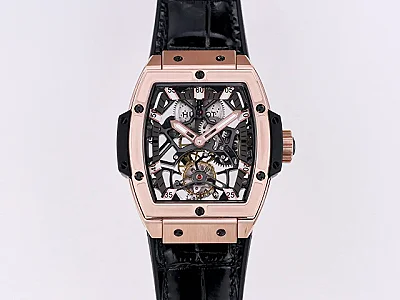 GS Factory Hublot Masterpiece 906 Rose Gold/Platinum Plated Skeleton Tourbillon Watch with Black Leather Strap - Super Clone Excellence