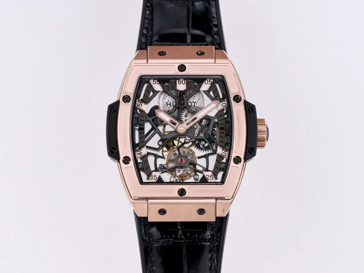 JB Factory Hublot Masterpiece 906 Rose Gold/Platinum Plated Skeleton Tourbillon Watch with Black Leather Strap - Super Clone Excellence