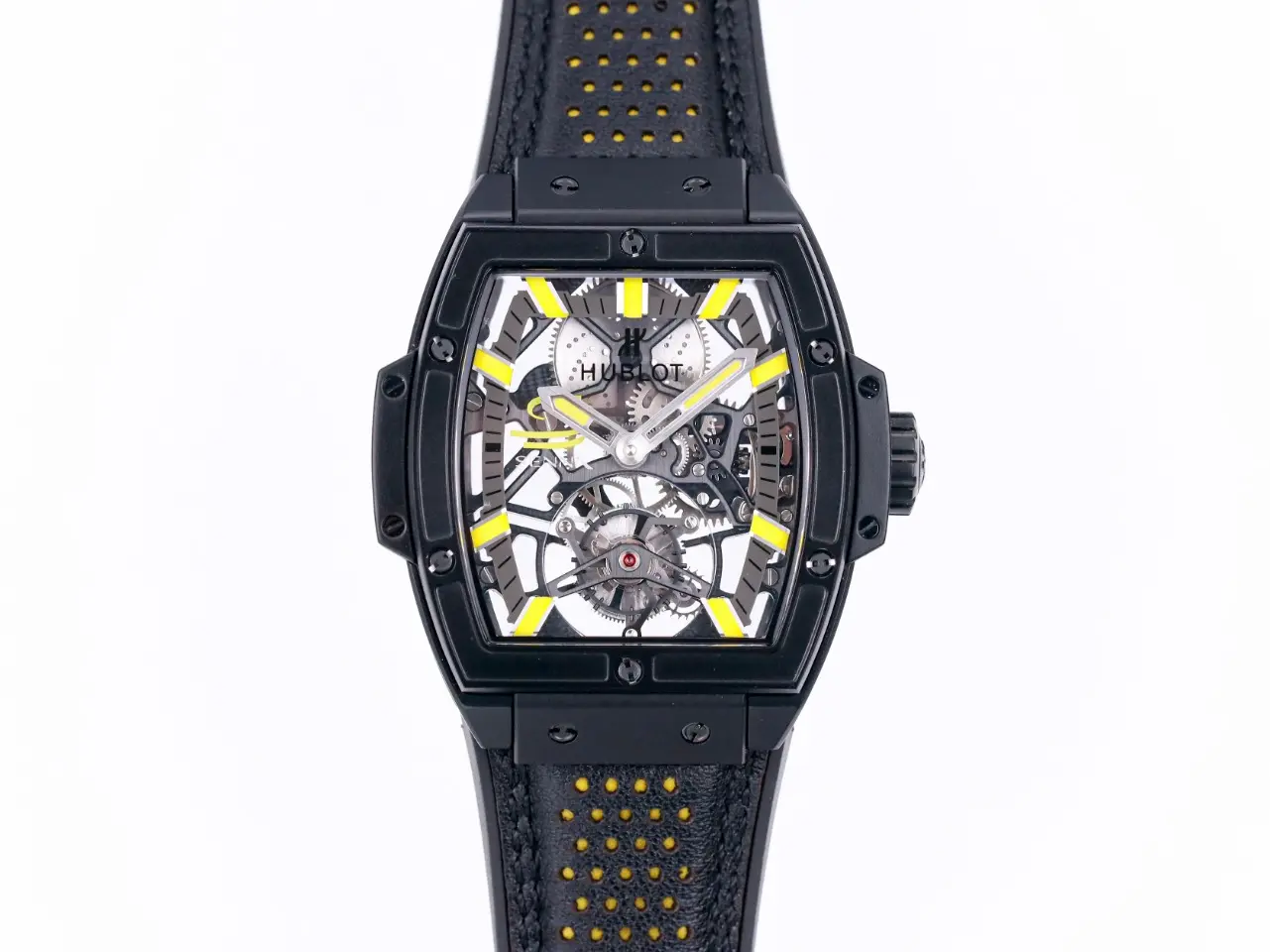 GS Factory Hublot Masterpiece 906 Black &amp; Yellow Skeleton Tourbillon Watch with Leather Strap - Super Clone Edition