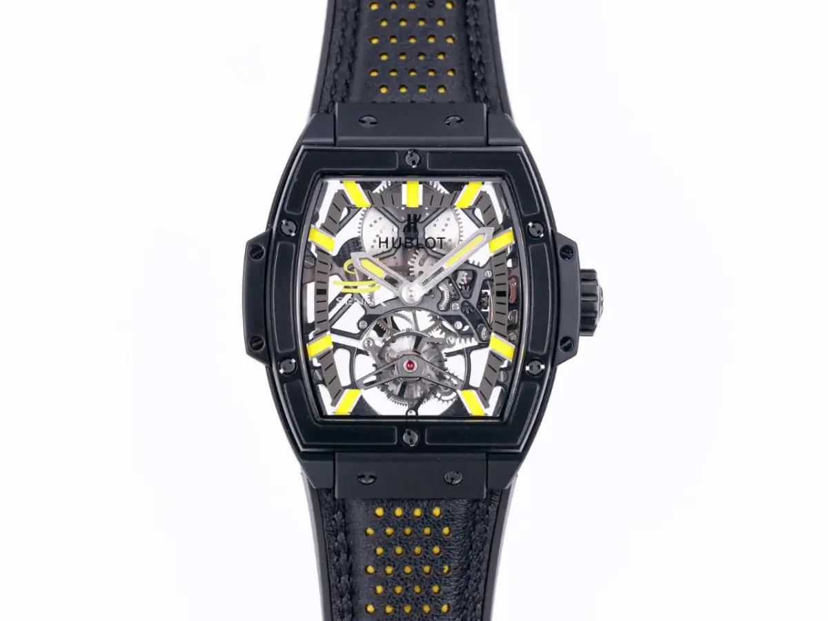 HB Factory Hublot Masterpiece 906 Black &amp; Yellow Skeleton Tourbillon Watch with Leather Strap - Super Clone Edition