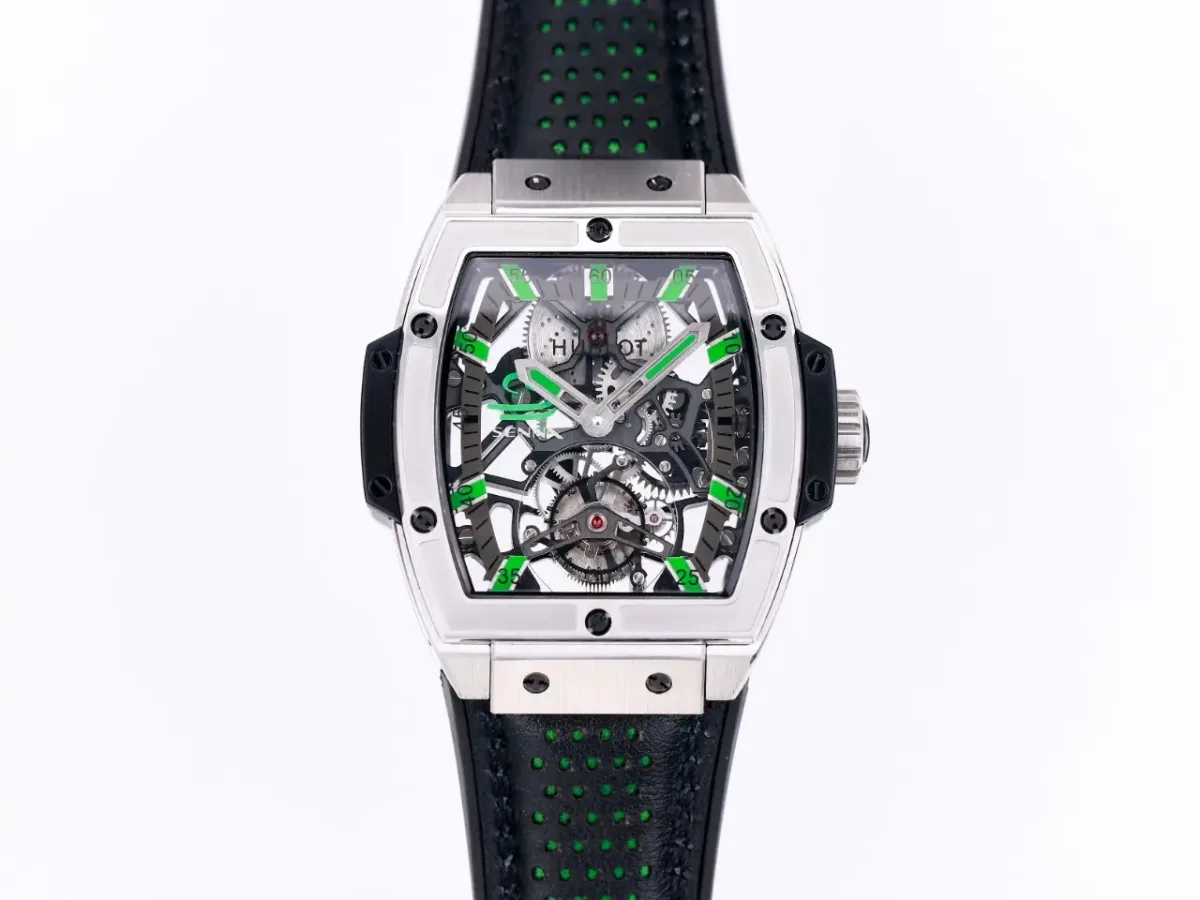 ZF Factory Hublot Masterpiece 906 Tourbillon Watch - Silver with Green Accents, Manual Wind Movement, Leather Strap, Super Clone Design
